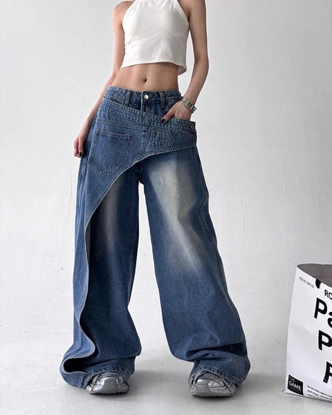 Y2K Fashion Irregular Patchwork Jeans Women Korean Chic Streetwear Hip Hop Straight Trousers Bf High Waist Casual Denim