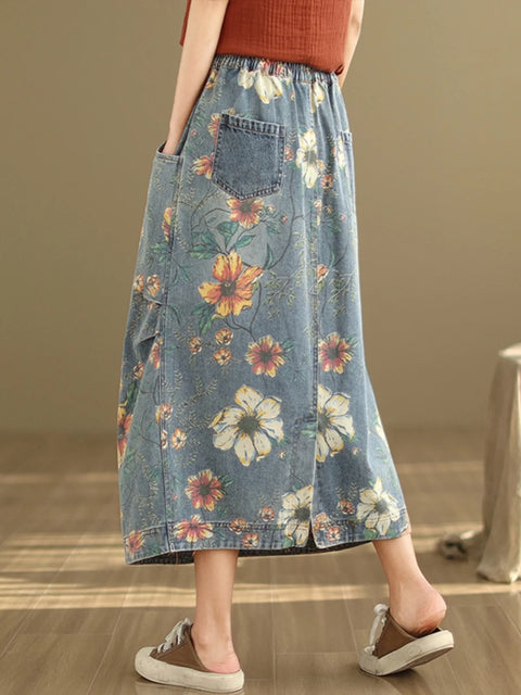 Vintage Flower Print Denim Skirt Women's Summer Fashion Elastic Waist Loose Casual Retro Patchwork Mid-long Dress with Pockets
