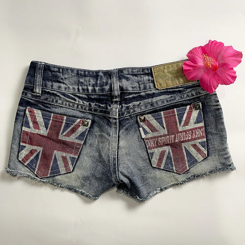 Y2K Vintage Blue Denim Shorts Women Hot Girls Clothing Harajuku Flag Graphic Print Casual Short Pants Goth Slim Low Waist Shorts