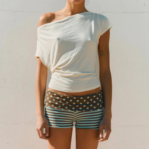 Women Fold Over Mini Shorts Y2k Cute Polka Dot Waistband and Horizontal Stripes Low Rise Elastic Waist Shorts Casual  Hot Shorts