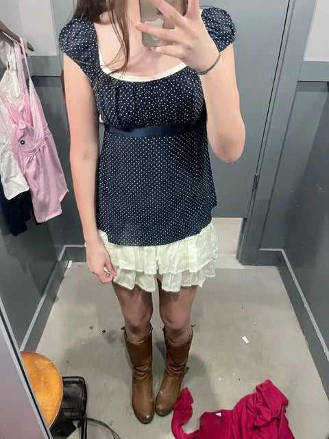 Women Summer Fairy Grunge Y2k Babydoll Shirts Cap Sleeve Micro Polka Dot Tie Back Flowy Slim T-shirts Tops Preppy Clothes