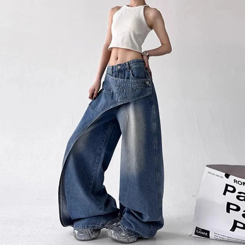 Y2K Fashion Irregular Patchwork Jeans Women Korean Chic Streetwear Hip Hop Straight Trousers Bf High Waist Casual Denim
