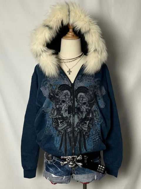 American Vintage Skull Sweatshirts Subcultural Y2k Aesthetic Women's Hoodies Autumn Winter Hooded Cardigan Coat Women Fur Print