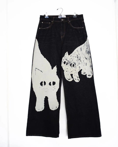 Unique Black Jeans with Charming White Cat Print Design Women's Fashion Harajuku Y2K Causal Personality Straight Wide Leg Pants
