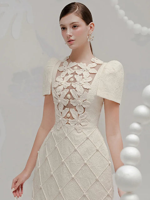 DEAT Elegant Dress O-neck 3D Flower Patchwork Embroidery Solid A-line Women's Evening Party Dresses 2026 Spring New Tide 35Z895