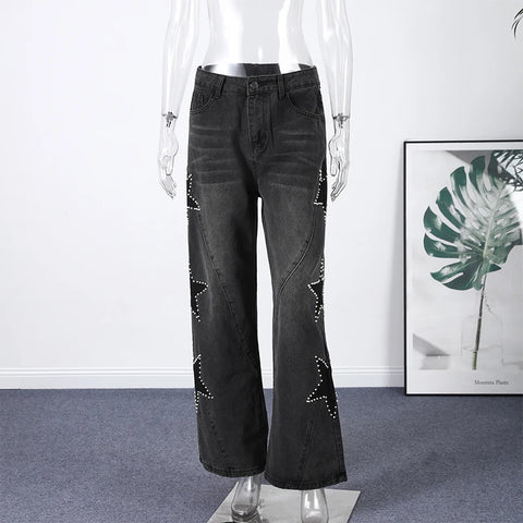 Y2K Women's Diamond Star Blue Jeans High Waist Pockets Zipper Wide Leg Denim Pant 2026 Summer Autumn Lady Street All-match Pants