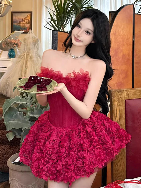 REDDACHiC Floral Applique Bubble Dress Slim Lace-up Backless Boned Corset Mini Party Dress Cocktail Party Evening Women Clothes