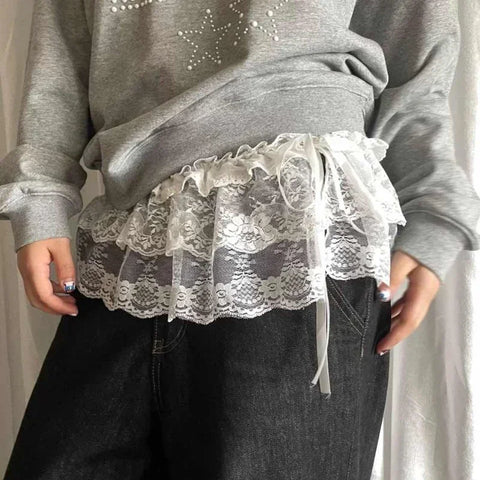 Korean Fashion Lace Irregular Skirt Curtain White Flowers Lace Mesh Halfbody Skirt Women Summer Bottoms Jeans Decorative Hemline