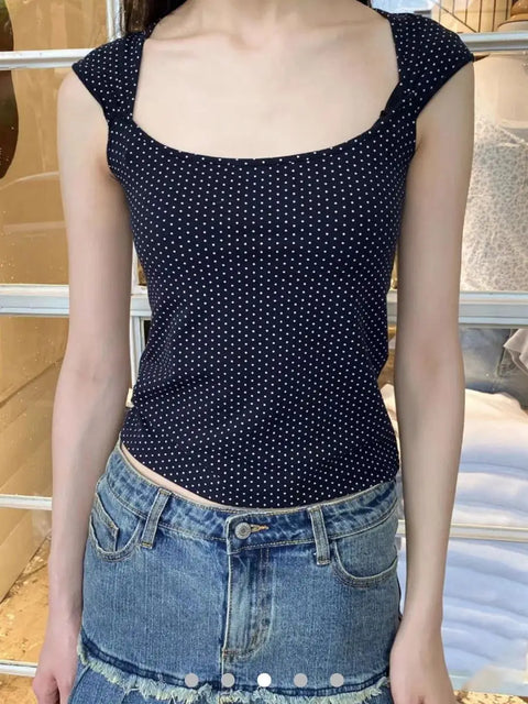 Sweat Sleeveless Slim T-shirt Woman Summer Roll Hem Square Collar Cotton Tee Shirt School Style Cute Streetwear Y2k Crop Top