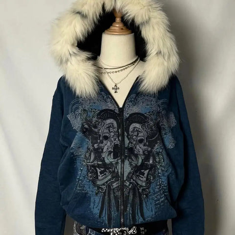 American Vintage Skull Sweatshirts Subcultural Y2k Aesthetic Women's Hoodies Autumn Winter Hooded Cardigan Coat Women Fur Print