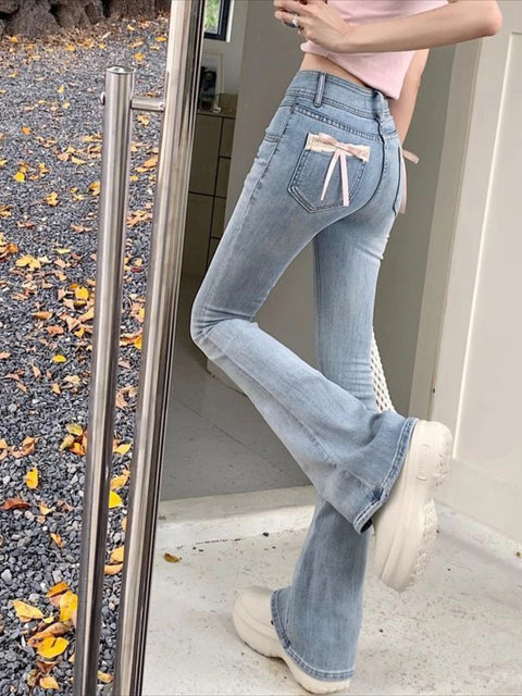 Women's Bell Bottom Jeans High Waist Shot Blue Cowboy Flare Pants for Woman Bow Original Harajuku Fashion Cheap Flared Trousers