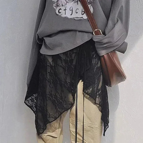 Korean Fashion Lace Irregular Skirt Curtain White Flowers Lace Mesh Halfbody Skirt Women Summer Bottoms Jeans Decorative Hemline