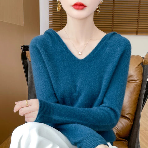 2025 New Women's Hooded Sweater 100% Merino Wool Seamless Knit Long Sleeve Pullover Cozy Comfort Fit Versatile Daily Wear