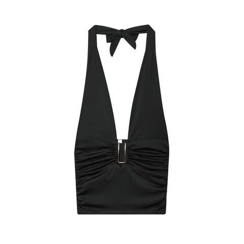 Women's top with metallic embellishments, solid color halter neck cropped top, elegant off-shoulder and midriff top, stylish new