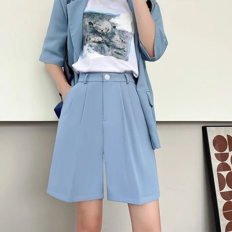 Fashion Wide Leg Suit Shorts Woman Summer Thin Breathable Knee Length Shorts Women Loose Solid Color Elastic Waist Short Pants