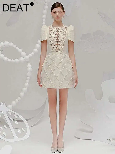 DEAT Elegant Dress O-neck 3D Flower Patchwork Embroidery Solid A-line Women's Evening Party Dresses 2026 Spring New Tide 35Z895