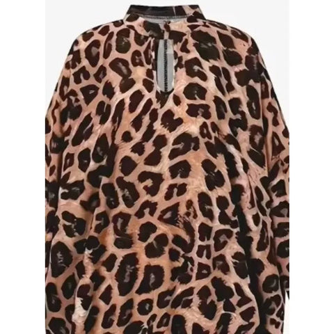 Plus Size 1XL-5XL New Women's Fashion Boho Dress Ladies Casual Leopard Print Batwing Sleeve Keyhole Round Neck Baggy Dress