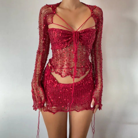 Sexy Beach Women's Fishnet Skirt Suits Summer Sequin Hollow Out Lace Up Long Sleeve Tube Tops + Wrap Hip Mini Skirt 2 Piece Set