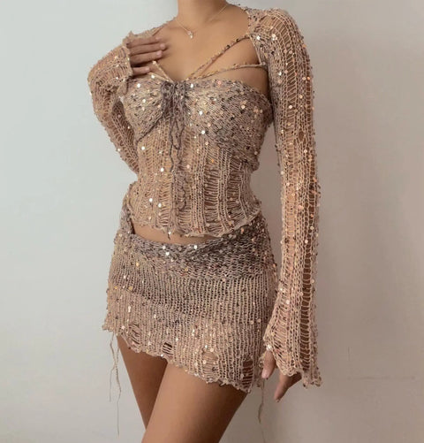 Sexy Beach Women's Fishnet Skirt Suits Summer Sequin Hollow Out Lace Up Long Sleeve Tube Tops + Wrap Hip Mini Skirt 2 Piece Set