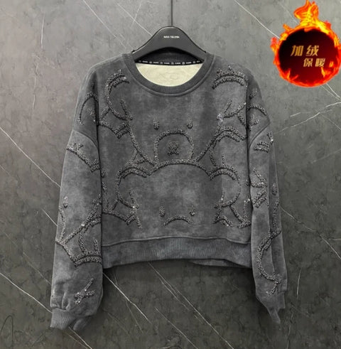 2024 Autumn New European Heavy Industry Hot Diamond Bear Short Sweatshirt Women Loose Slim Full Diamond Cartoon Women Top