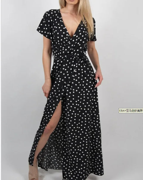 Women Summer Dress Bohemian Short Sleeve V-neck Low Cut Printed Polka Dot Dresses women's Clothing YFL6256