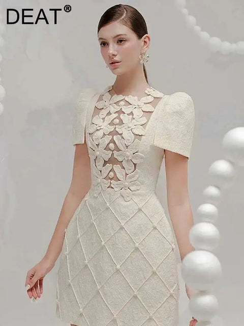 DEAT Elegant Dress O-neck 3D Flower Patchwork Embroidery Solid A-line Women's Evening Party Dresses 2026 Spring New Tide 35Z895