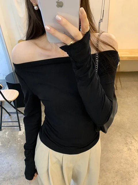 Off Shoulder Casual Pink T Shirts Women 2026 Korean Fashion Long Sleeve Tshirt Slim Y2k Clothes Sweet Sexy Lady Black Crop Tops