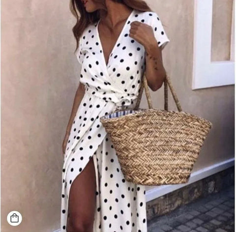 Women Summer Dress Bohemian Short Sleeve V-neck Low Cut Printed Polka Dot Dresses women's Clothing YFL6256