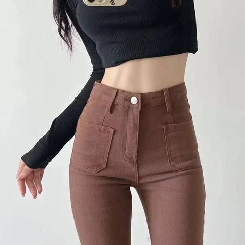 Women Flared Jeans Loose Denim Pants Bottom Straight High Waist Stretch Spring Autumn Solid Color Female Fashion Streetwear