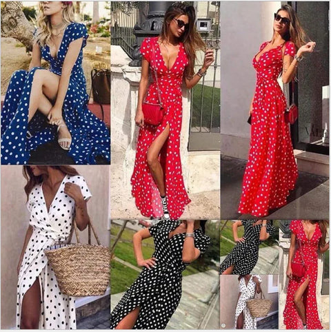 Women Summer Dress Bohemian Short Sleeve V-neck Low Cut Printed Polka Dot Dresses women's Clothing YFL6256