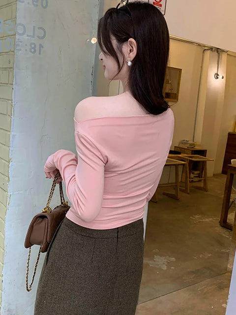 Off Shoulder Casual Pink T Shirts Women 2026 Korean Fashion Long Sleeve Tshirt Slim Y2k Clothes Sweet Sexy Lady Black Crop Tops
