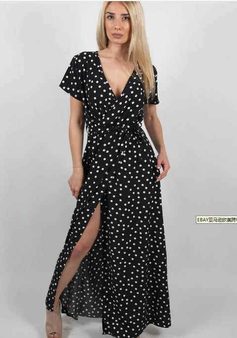 Women Summer Dress Bohemian Short Sleeve V-neck Low Cut Printed Polka Dot Dresses women's Clothing YFL6256