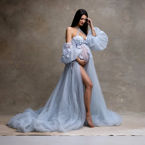 Fairy Blue Floral Matenity Dress Photoshoot Off Shoulder Illusion Soft Tulle Slit Maternity Dresses Pregnancy Gown Baby Shower