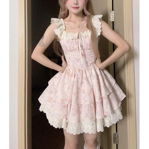 MEXZT Kawaii Floral Mini Dress Women Japanese Cutecore Lace Ruffles Dresses Summer Party Flying Sleeve Bodycon A Line Vestidos
