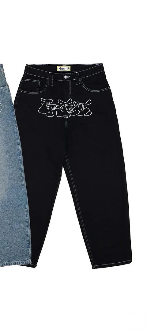Unique Black Jeans with Charming White Cat Print Design Women's Fashion Harajuku Y2K Causal Personality Straight Wide Leg Pants