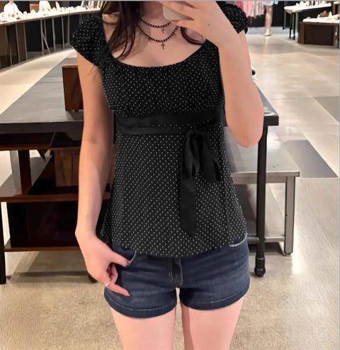 Women Summer Fairy Grunge Y2k Babydoll Shirts Cap Sleeve Micro Polka Dot Tie Back Flowy Slim T-shirts Tops Preppy Clothes