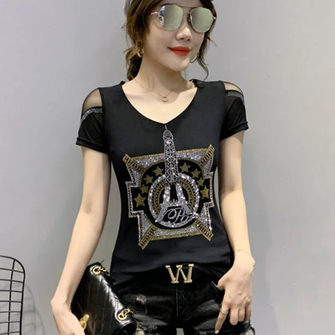 2024 New T-shirt Casual Short Sleeve Fashion Luxury Eiffel Tower Diamonds Women Tops High-End Sexy Back Mesh Tees High Quality