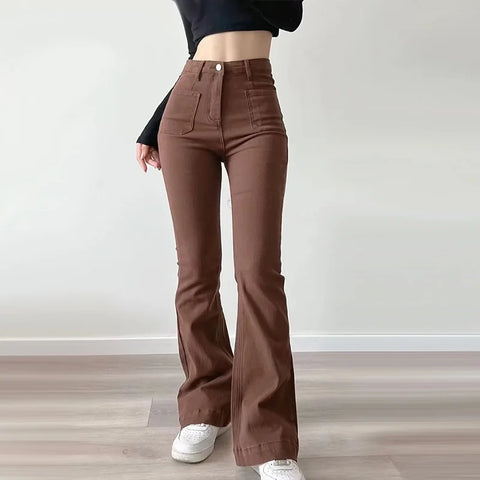 Women Flared Jeans Loose Denim Pants Bottom Straight High Waist Stretch Spring Autumn Solid Color Female Fashion Streetwear