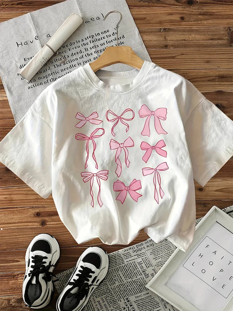 T Shirt Bow Round Neck Short Sleeve Top Tee T-shirt Pink Bow Women'S Vintage Style Casual Printed Summer Short Sleeved Harajuku