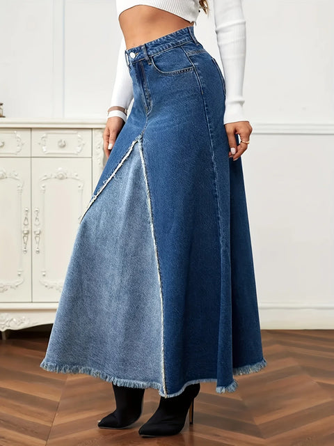 2023 Autumn New Women's Denim Long Skirt Fashion Loose Spliced Denim Swing Skirt Female Casual Clothes XS-L Drop Shipping