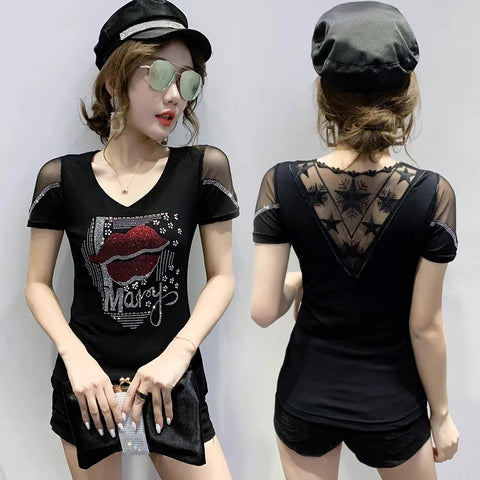 2024 New T-shirt Casual Short Sleeve Fashion Luxury Eiffel Tower Diamonds Women Tops High-End Sexy Back Mesh Tees High Quality