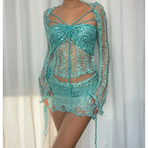 Sexy Beach Women's Fishnet Skirt Suits Summer Sequin Hollow Out Lace Up Long Sleeve Tube Tops + Wrap Hip Mini Skirt 2 Piece Set