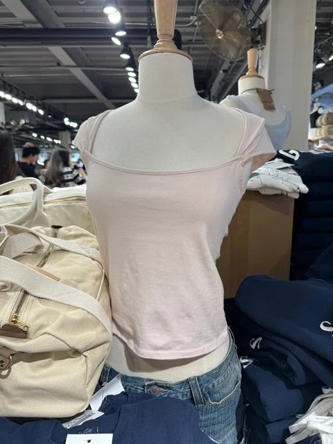 Sweat Sleeveless Slim T-shirt Woman Summer Roll Hem Square Collar Cotton Tee Shirt School Style Cute Streetwear Y2k Crop Top
