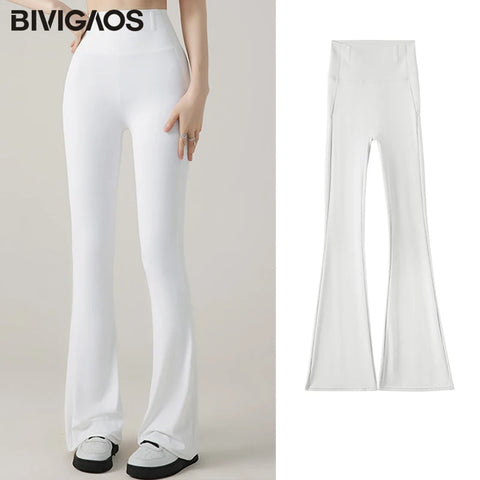 BIVIGAOS New White Micro Flared Leggings Women High Waist Slim Butt Lifter Yoga Horseshoe Pants Stretch Sexy Shark Flared Pants