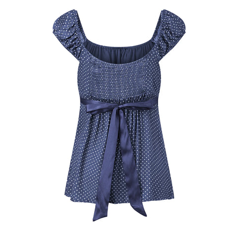 Women Summer Fairy Grunge Y2k Babydoll Shirts Cap Sleeve Micro Polka Dot Tie Back Flowy Slim T-shirts Tops Preppy Clothes