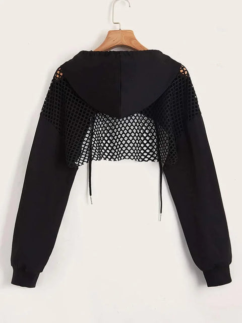 Street Sport Drop Shoulder Drawstring Hollow Out Super Crop Sports Hoodie Without Cami Top
