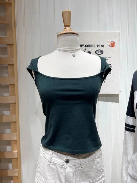 Sweat Sleeveless Slim T-shirt Woman Summer Roll Hem Square Collar Cotton Tee Shirt School Style Cute Streetwear Y2k Crop Top