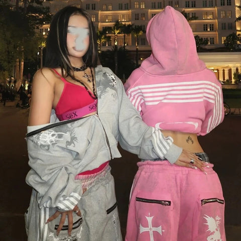 Cross border long sleeved hooded sweatshirt with printed pattern, sweatshirt and pants set for street fashion