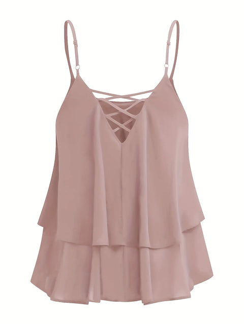 plus Size Ladies Solid Color Chiffon Double Layer Meat Concealing Top with Fine Strap Cross Back Design for Daily Commuting And