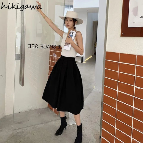 Temperament Skirts Women Clothing 2025 Faldas Mujer De Moda High Waist A-line Vintage Skirt Black Big Swing Thicked Saia 7m556